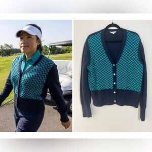 Lady Hagen Women's Blue & Teal Herringbone Golf Long Sleeve Cardigan Sweater XXL